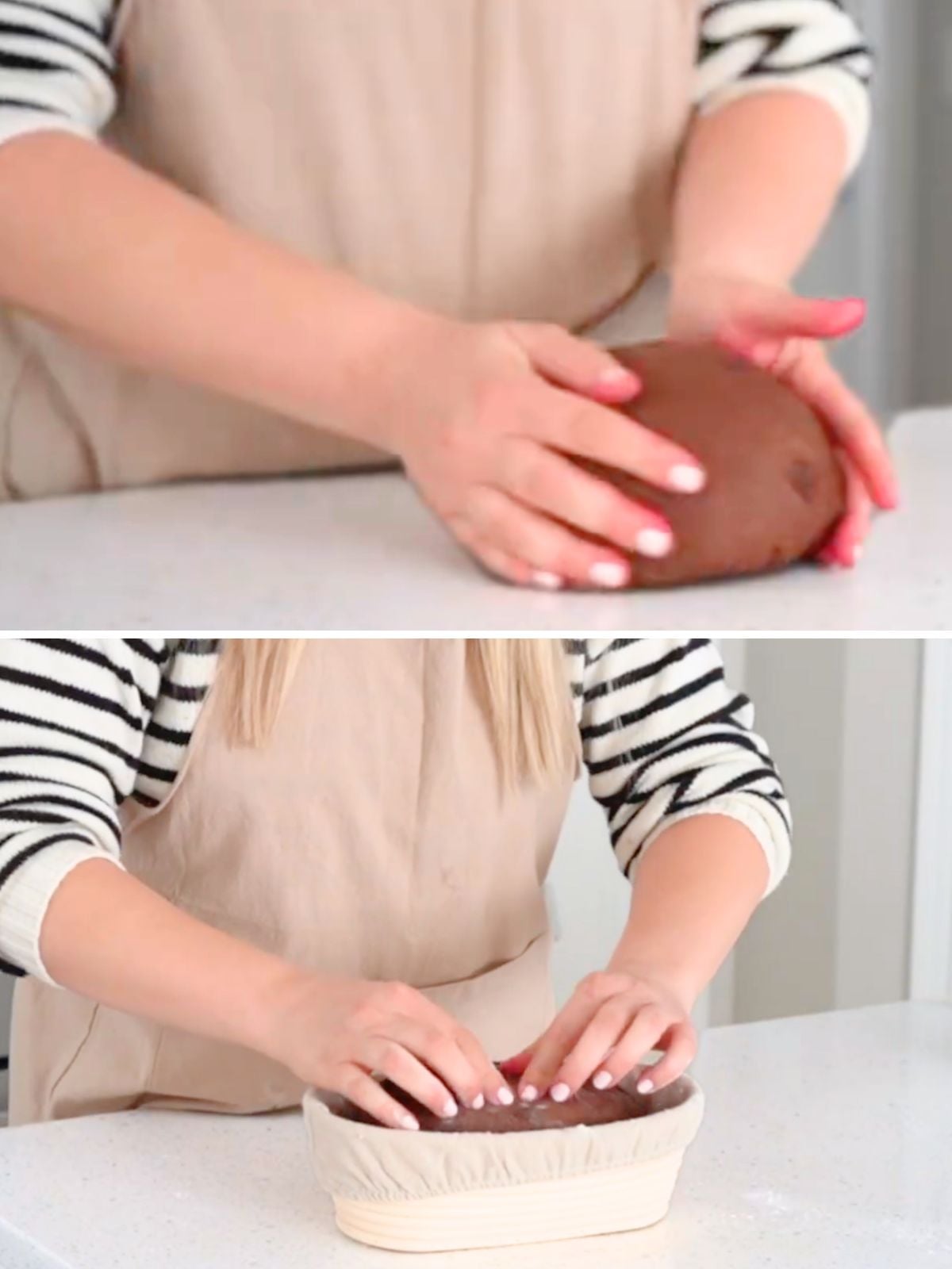 A woman shaping dough and placing it in a proofing basket.