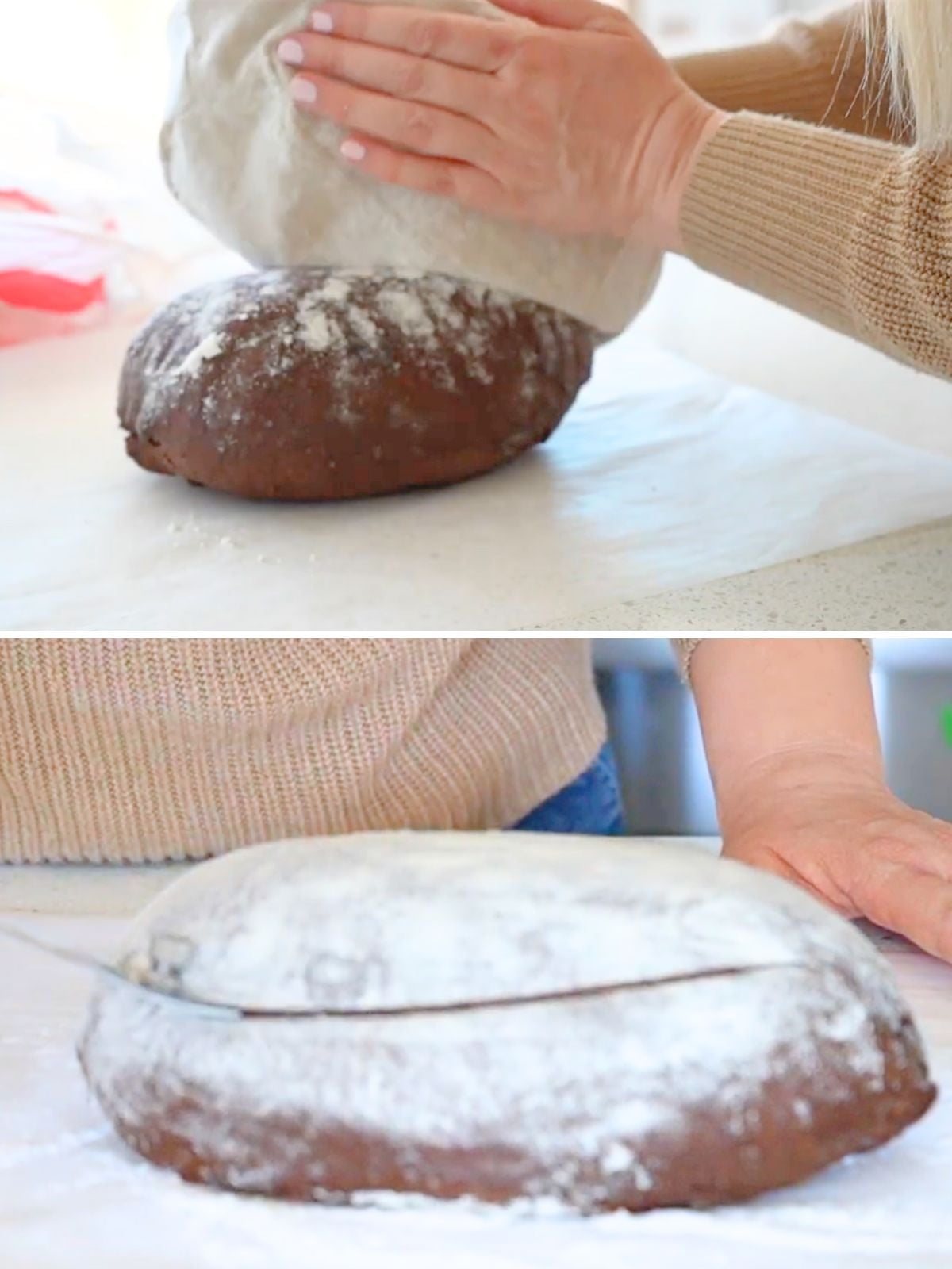 Hands turning dough out onto a counter and scoring dough.