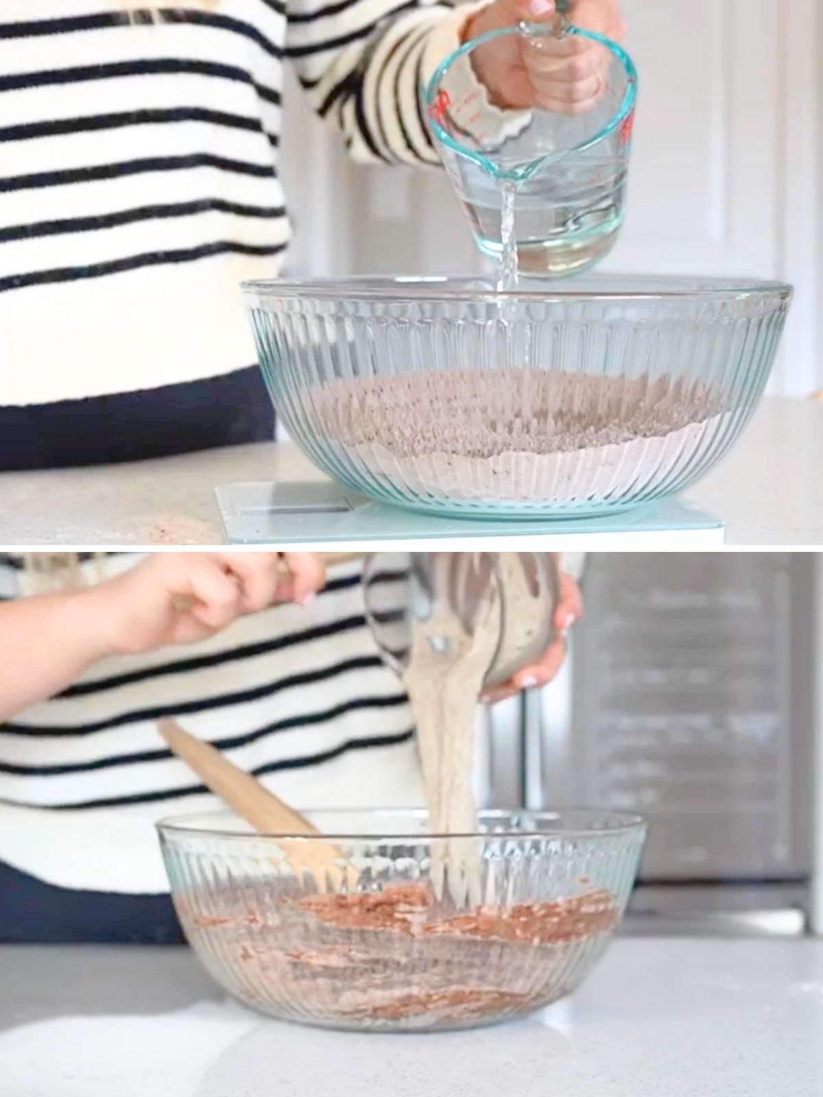 A woman pouring water and sourdough starter into dry ingredients.
