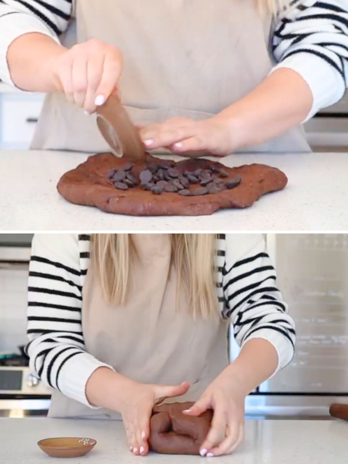 Hands placing chocolate chips on rolled dough and a woman folding dough.