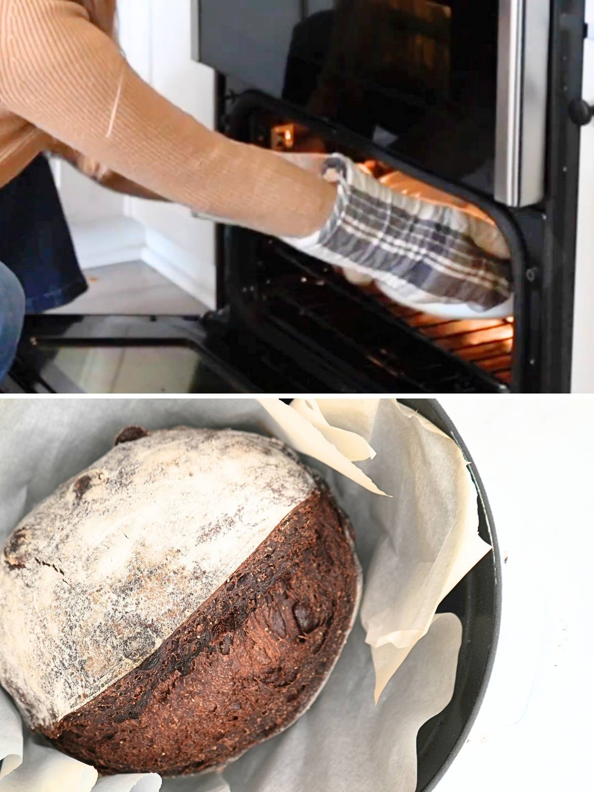A woman putting bread into the oven and a boule of chocolate sourdough bread.