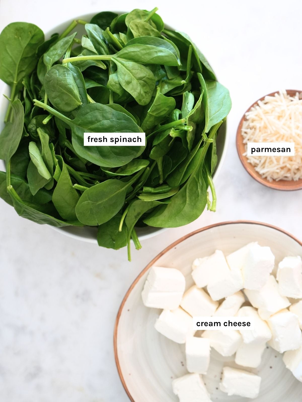 Creamed spinach ingredients displayed and labeled.