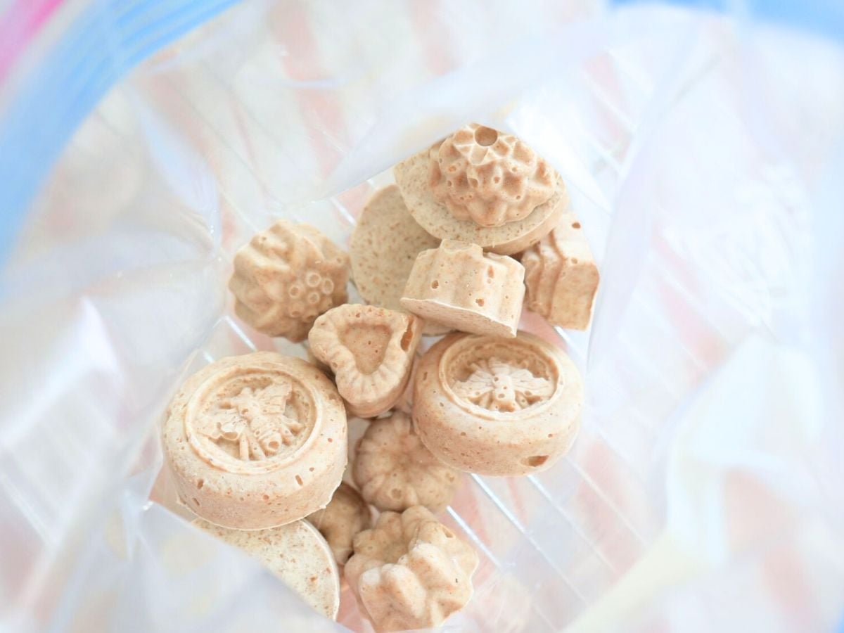 Blocks of frozen sourdough starter in a ziplock bag.