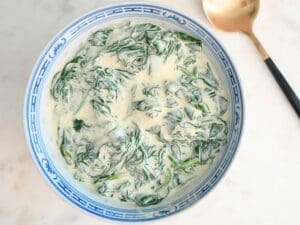 A bowl filled with 3-ingredient creamed spinach.