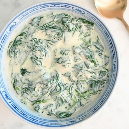 A bowl filled with 3-ingredient creamed spinach.