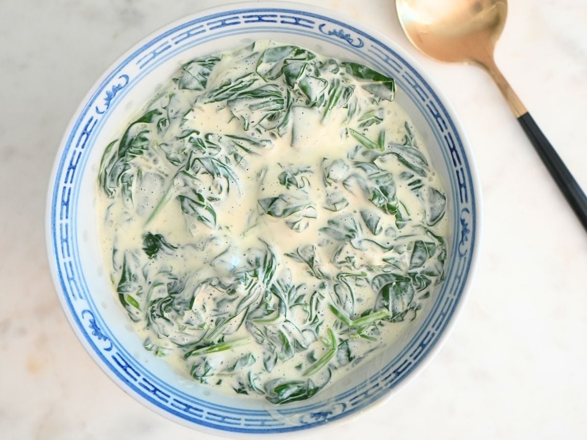 A bowl filled with 3-ingredient creamed spinach.