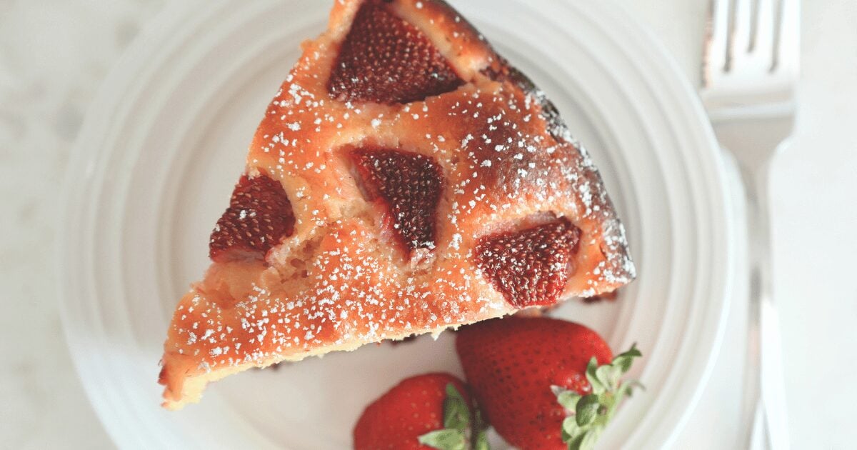 Sourdough strawberry cake slice on a plate
