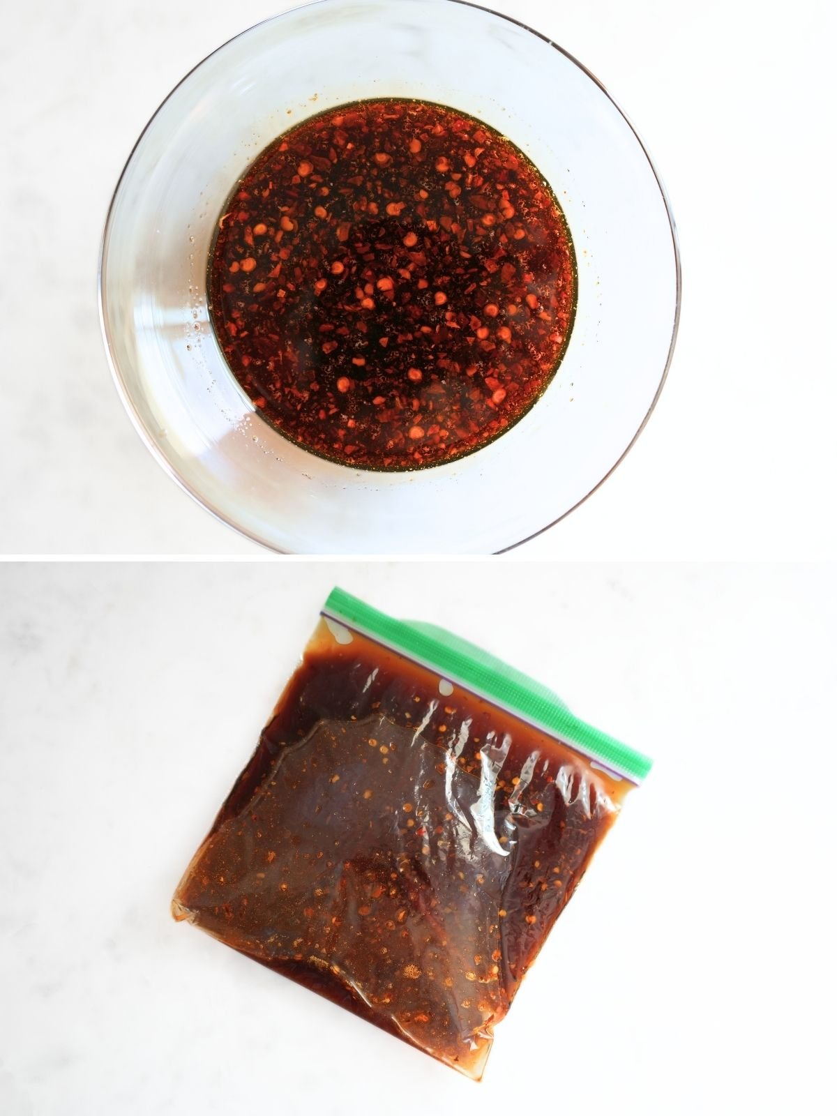 Sauce in a bowl and a sauce in a small ziplock bag.