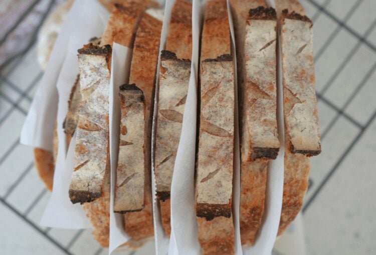 Sliced sourdough bread divided with parchment paper