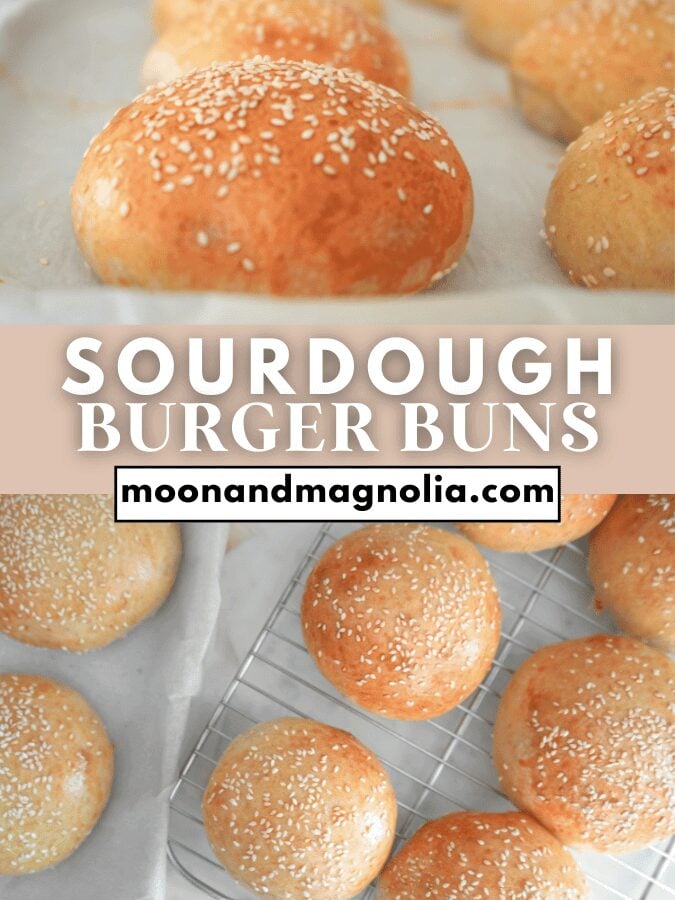 Sourdough buns with text "sourdough burger buns"