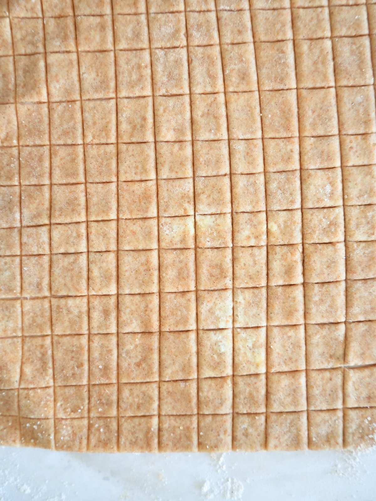 Rolled dough cut into squares.