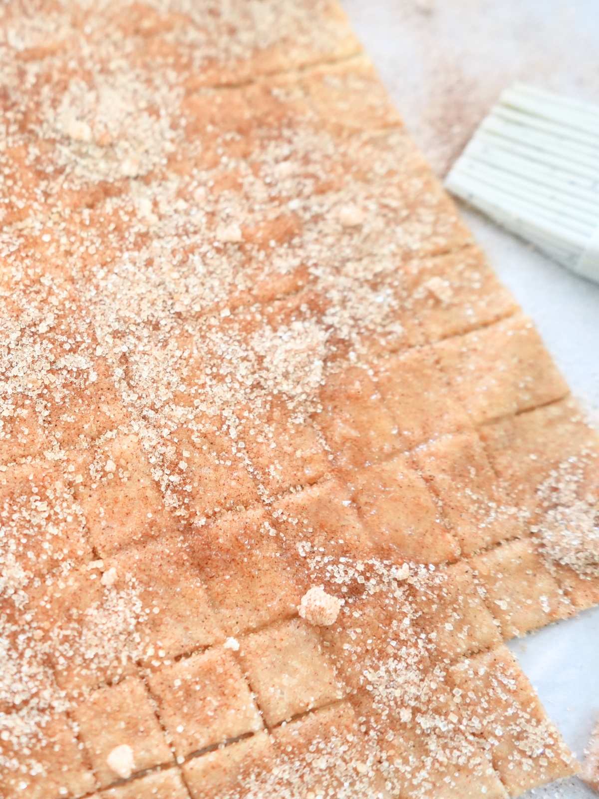 Unbaked sourdough Cinnamon Toast Crunch covered in butter, cinnamon, and sugar.