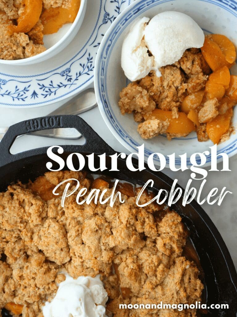 Peach cobbler in skillet and bowls with text "sourdough peach cobbler"