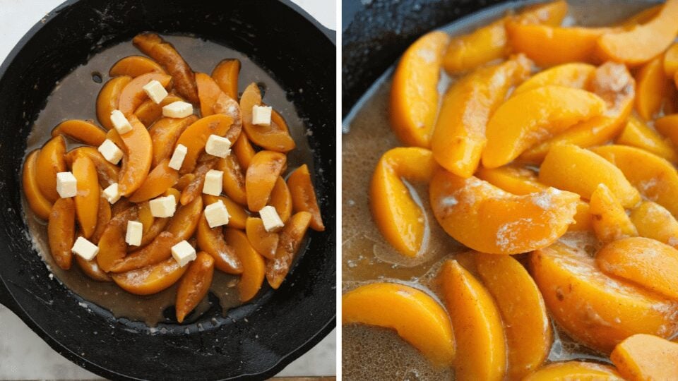 Peaches with topped with butter (left), cooked peaches (right)