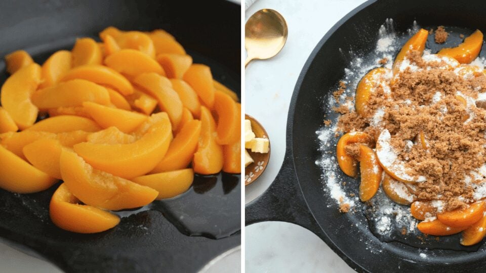 Peaches in cast iron skillet (left), peaches with brown sugar topping (right)