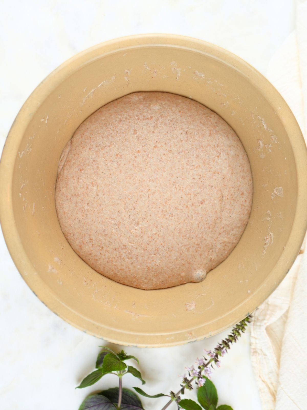 Bulk fermented dough in a mixing bowl.
