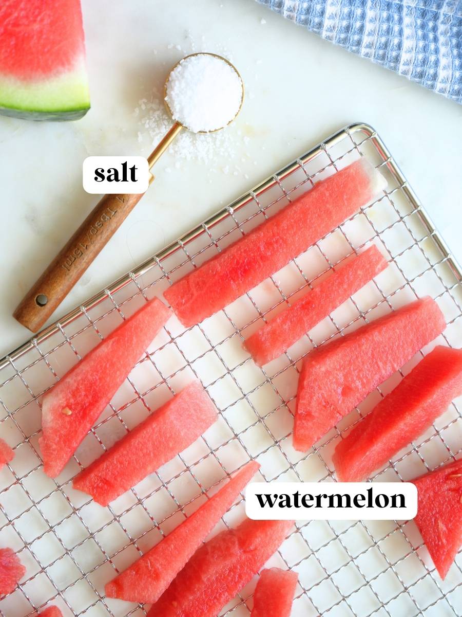 Dehydrated watermelon ingredients displayed and labeled: salt and watermelon