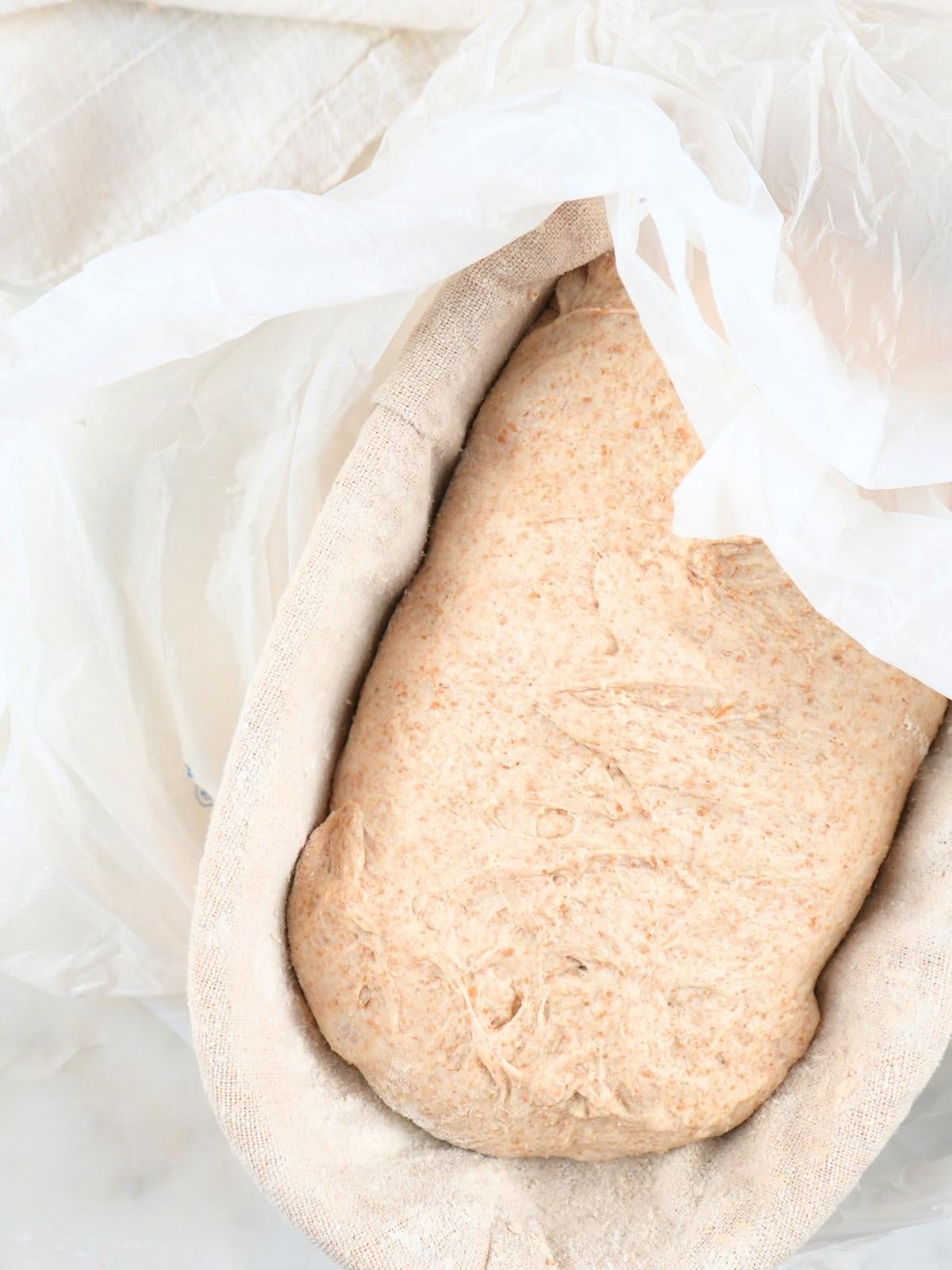 Dough in a banneton, partially covered with plastic.
