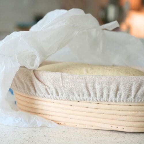 Sourdough dough in a banneton with a plastic bag on it.