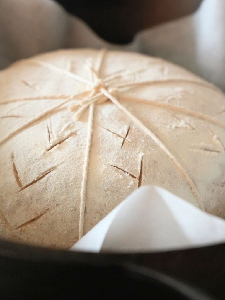 Pumpkin-shaped sourdough on parchment paper and in a cast iron Dutch oven.