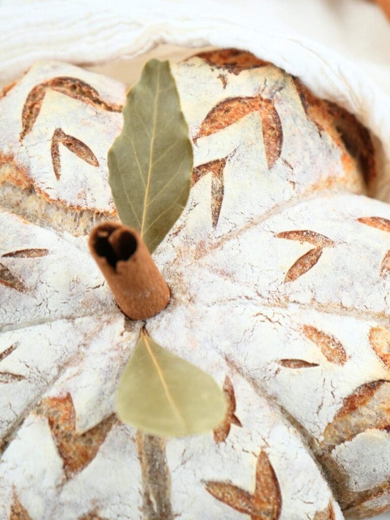 A cinnamon stick and bay leaves inserted in the top of a sourdough pumpkin.