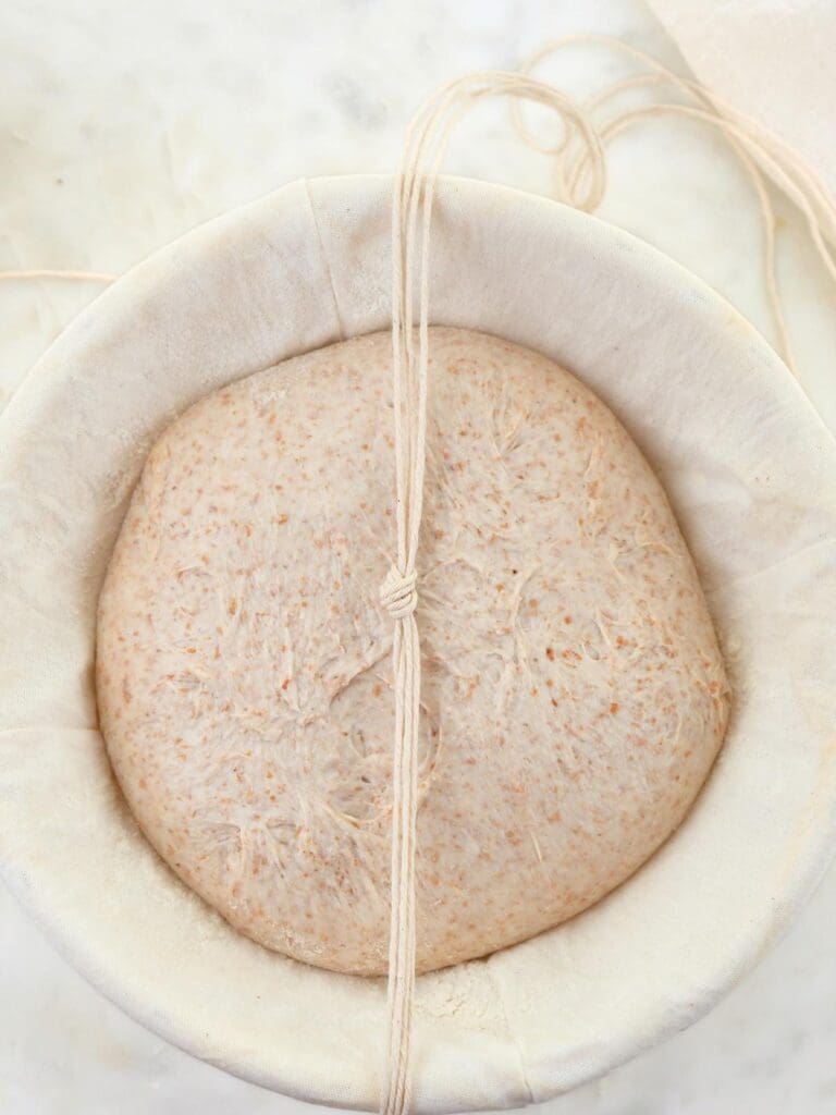 Dough in banneton basket with knotted twine across it.