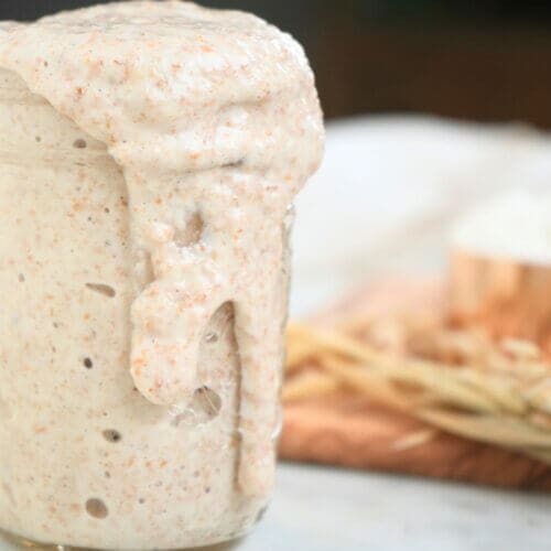 Sourdough starter in mason jar with flour in background