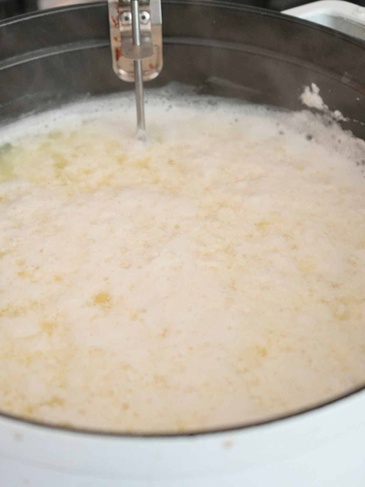 Curdled milk in a cast iron Dutch oven.