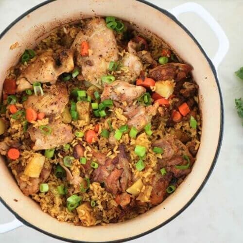 One-pot Japanese curry chicken and rice in a cast iron Dutch oven