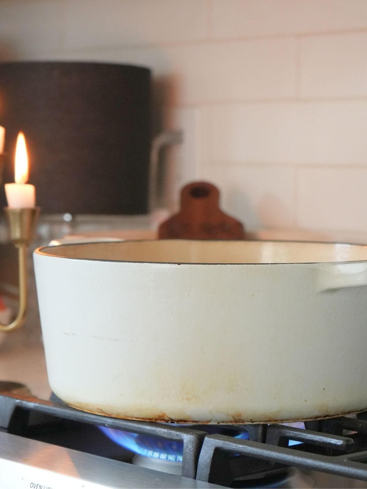A Dutch oven on a stove.