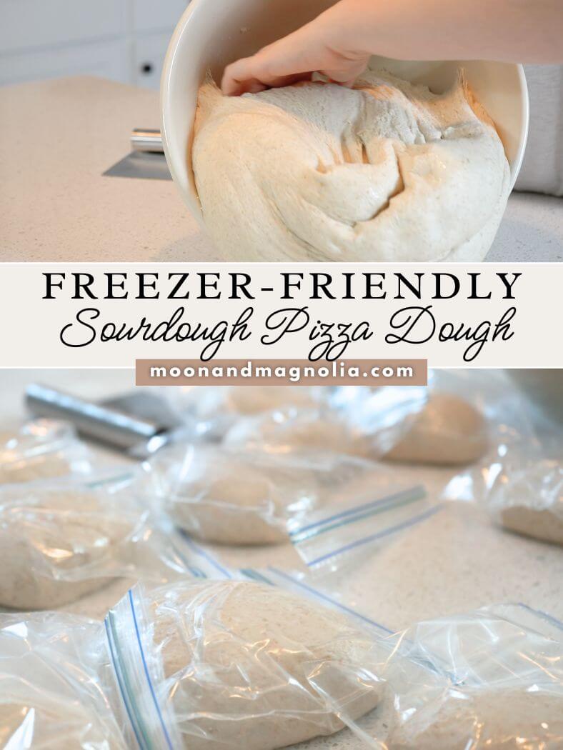Pizza dough being turned out on a counter and bags of pizza dough balls with text "Freezer-Friendly Sourdough Pizza Dough"