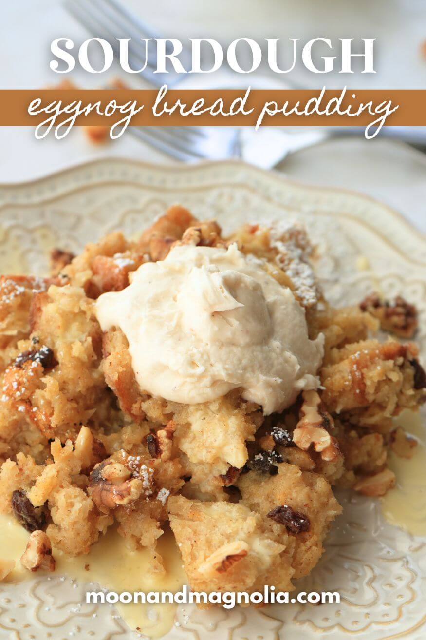 Close up of bread pudding on plate with text "sourdough eggnog bread pudding"