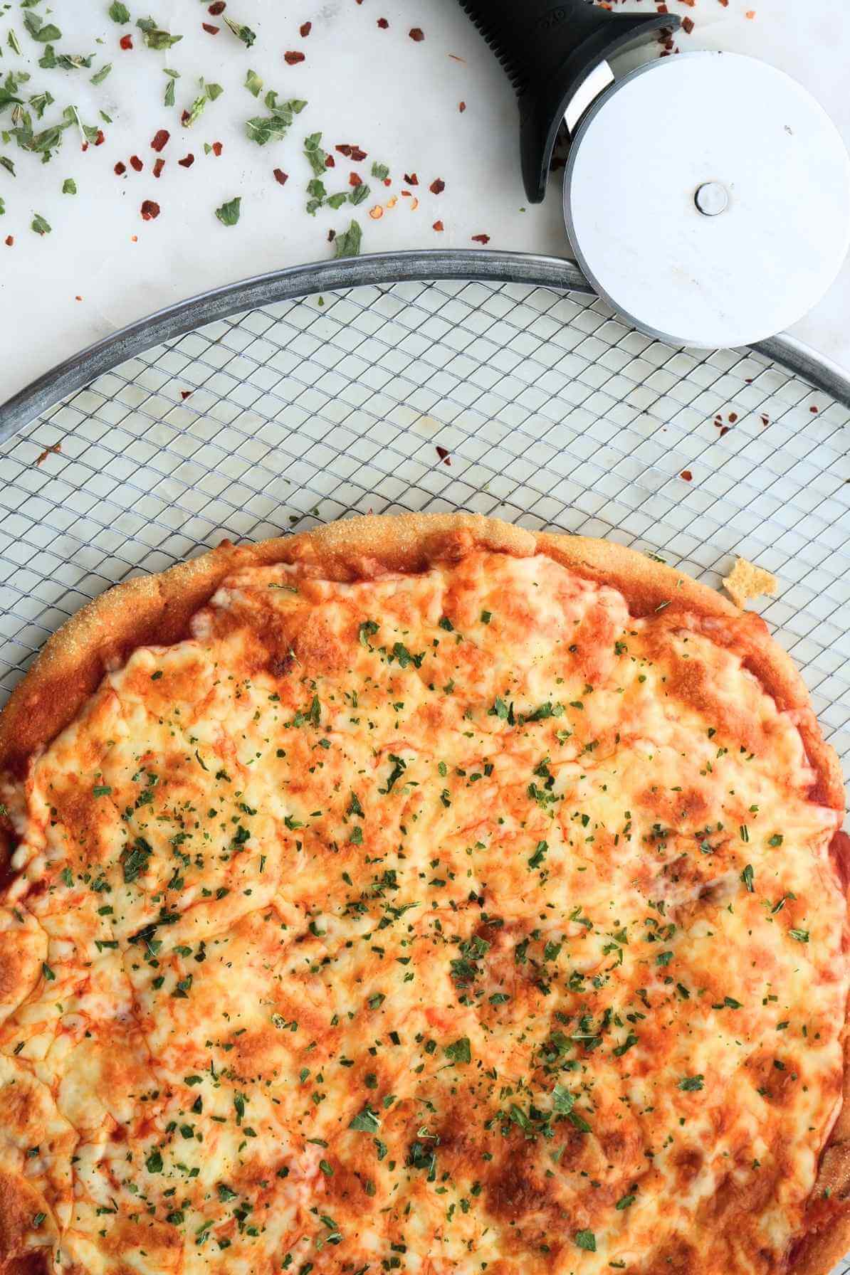 Fresh-milled flour pizza on pizza tray