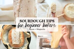 Collage of sourdough starter, bread, flour, and dough. Text overlay: "Sourdough Tips for Beginner Bakers."