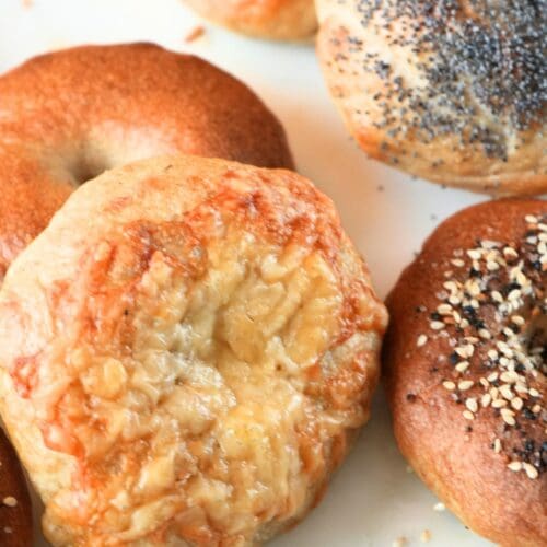 Freshly baked sourdough bagels with a golden crust, topped with cheese, poppy seeds, and everything seasoning.