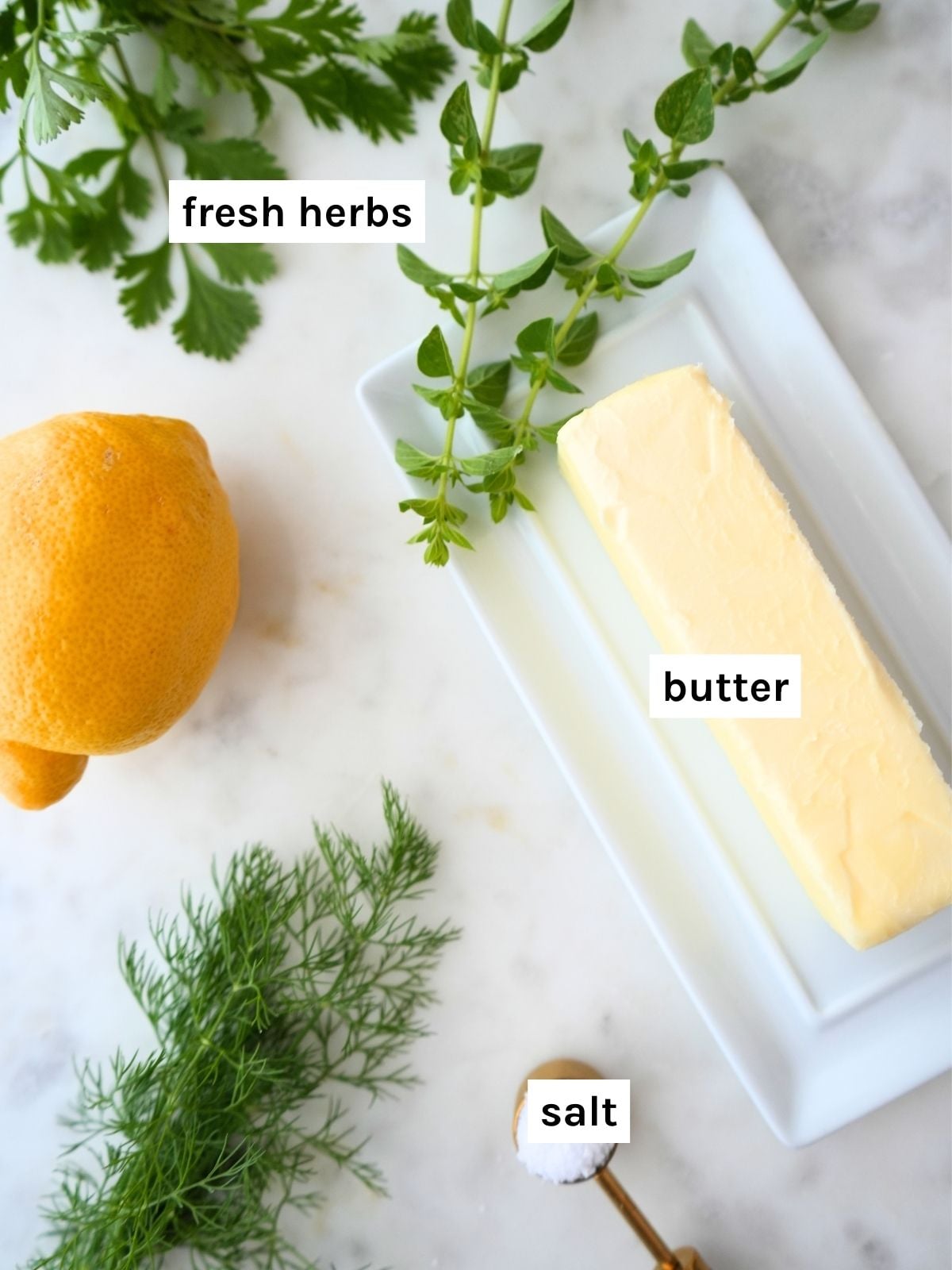 Ingredients for homemade herb butter, labeled: butter, salt, fresh herbs.