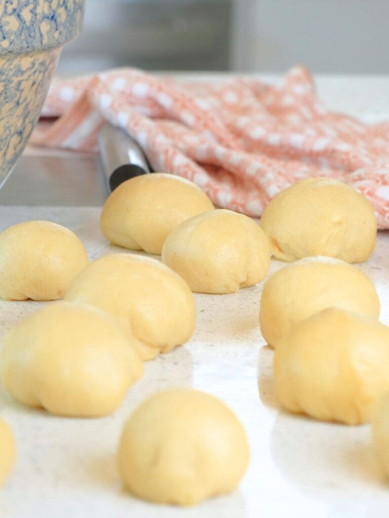 Shaped sourdough brioche rolls on a counter.