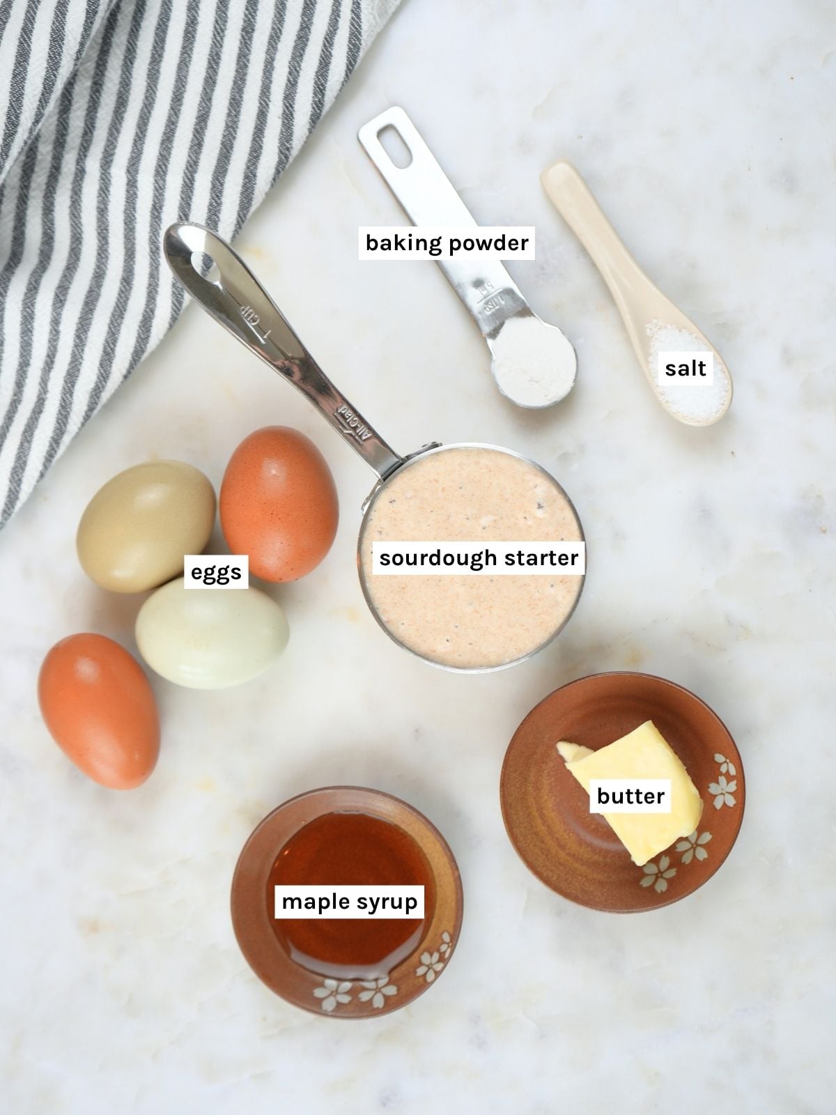 Sourdough discard pancake ingredients displayed and labeled.