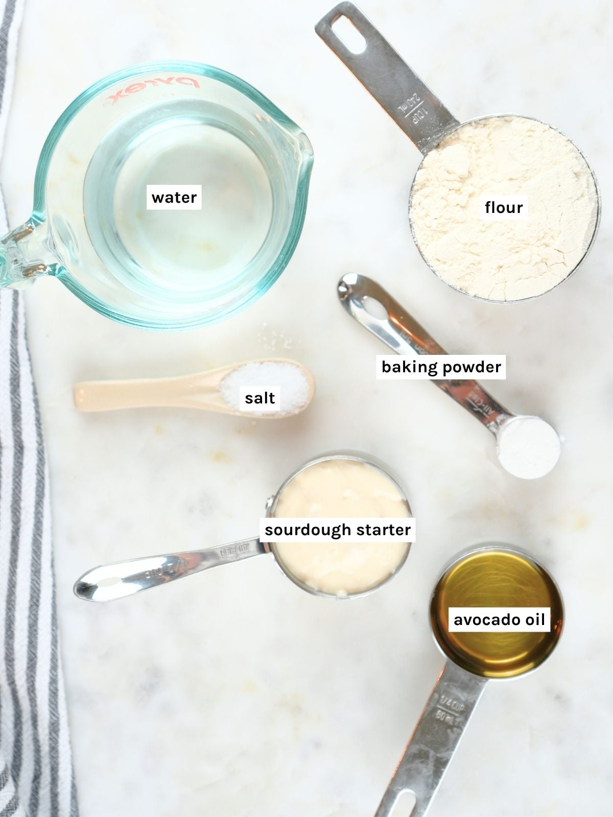 Sourdough discard tortilla ingredients displayed and labeled.