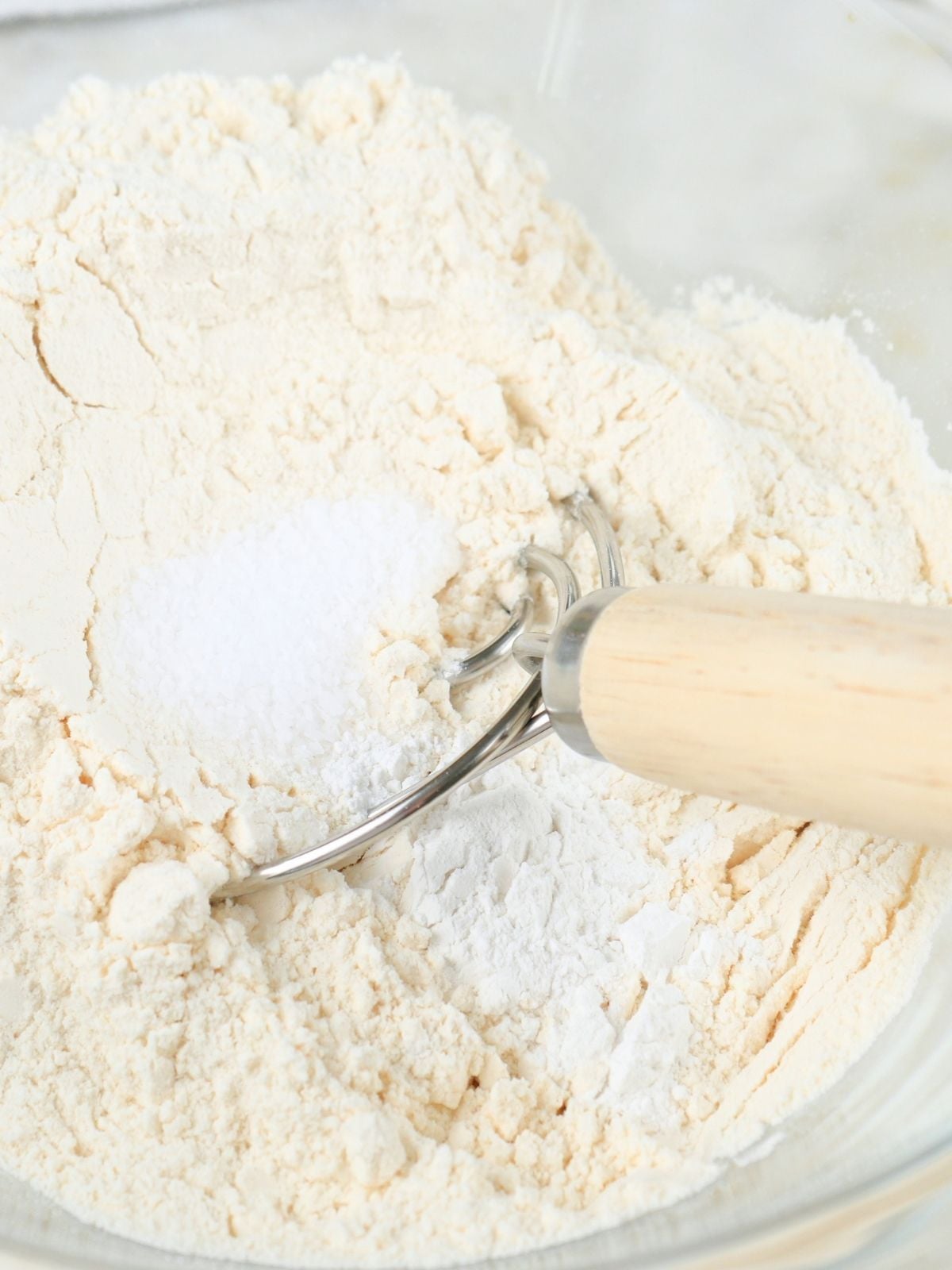 Flour, salt, and baking soda in a glass bowl .