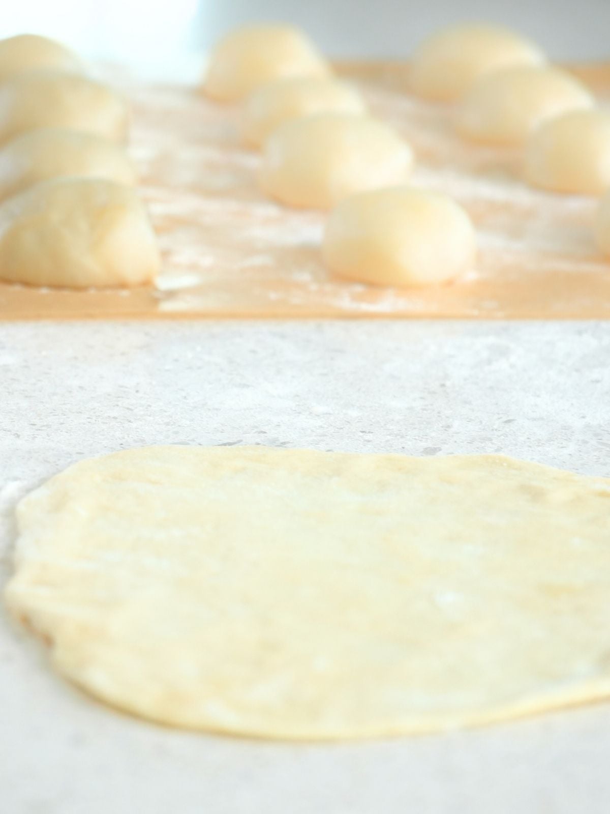 A rolled out sourdough tortilla on a counter.