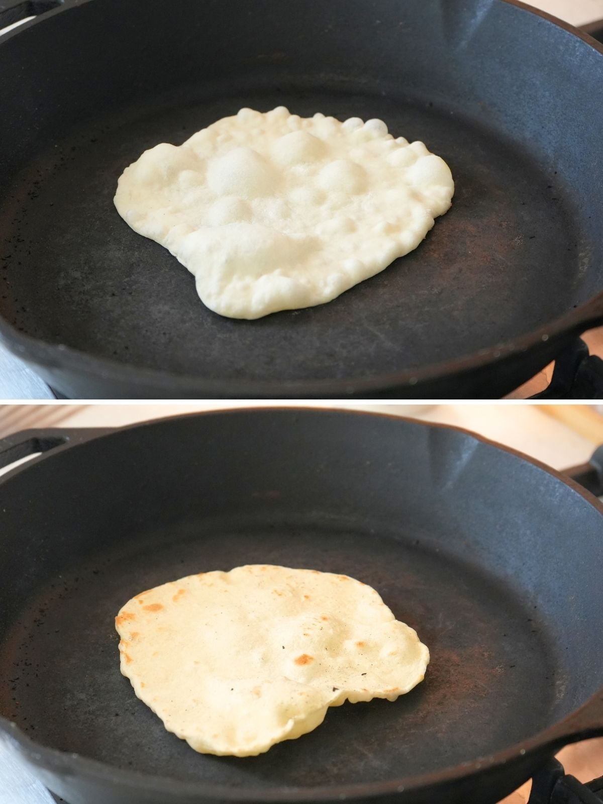 A sourdough discard tortilla shown cooking on both sides.