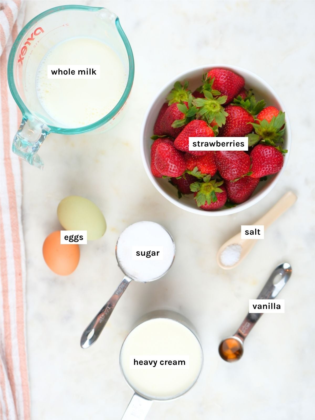 Strawberry ice cream ingredients displayed and labeled.