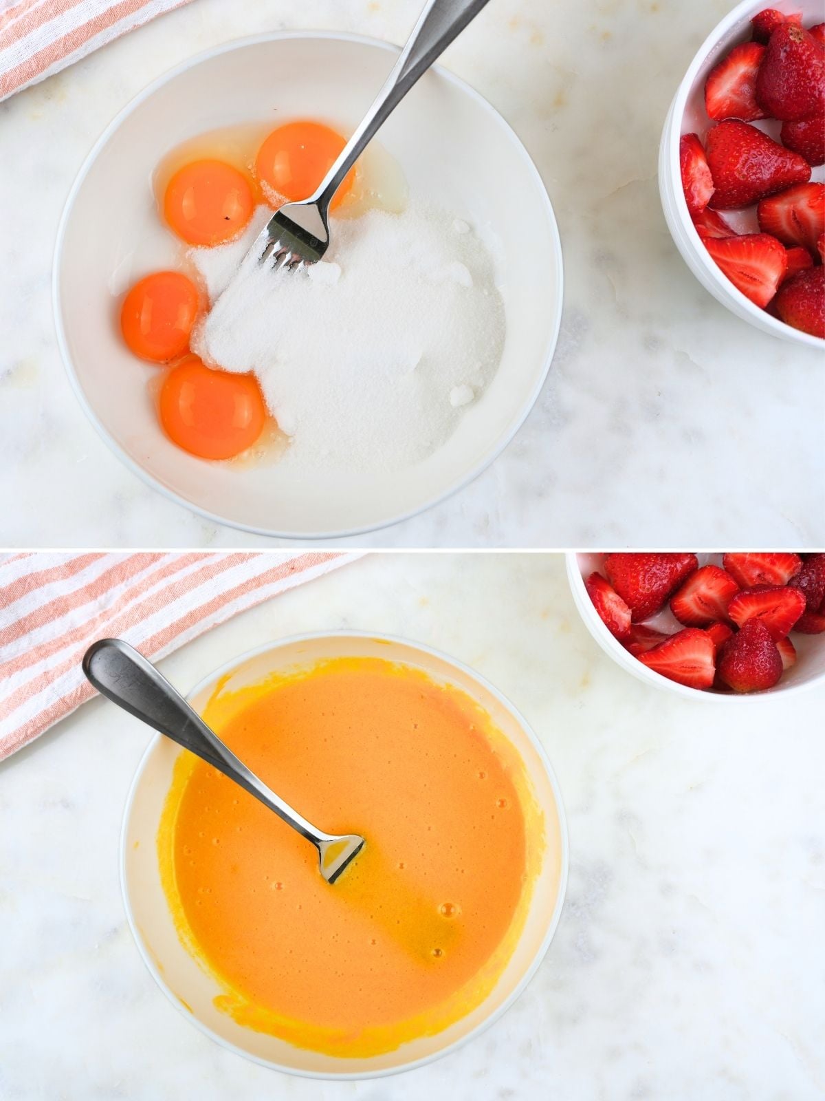 A bowl of egg yolks and sugar in a bowl and a bowl with the ingredients combined.