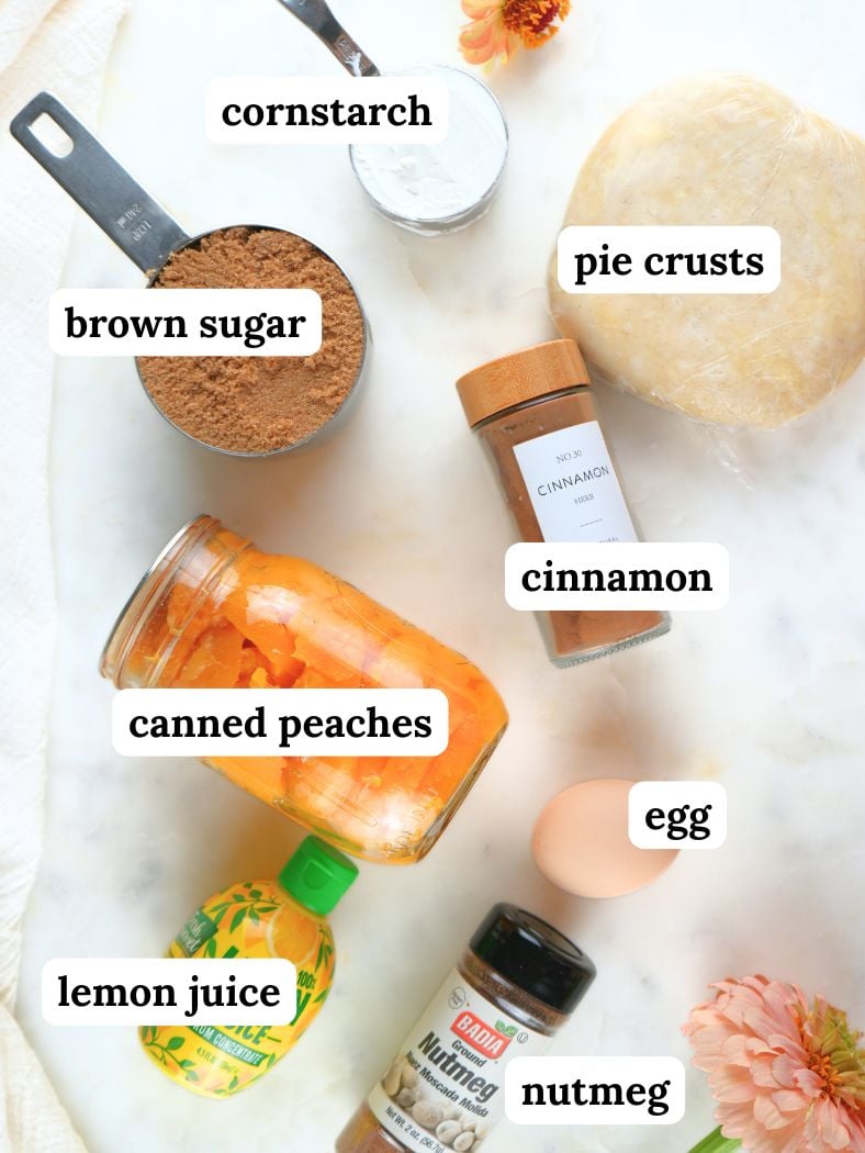 Ingredients displayed and labeled: cornstarch, brown sugar, pie crusts, cinnamon, canned peaches, egg, lemon juice, nutmeg