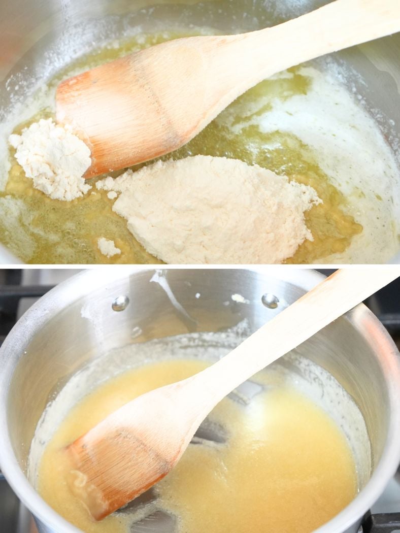 Split image of butter with flour in it and with the flour mixed in