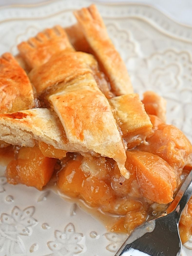A close up of a slice of sourdough peach pie