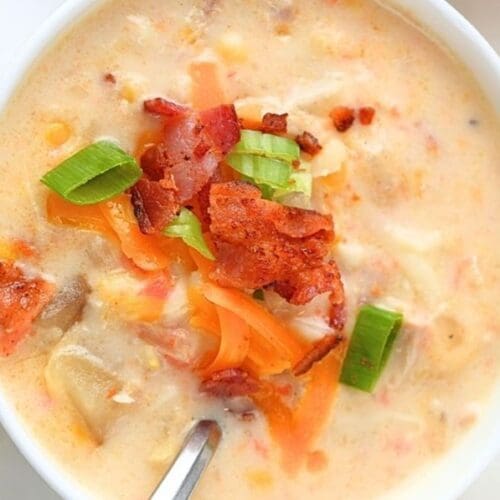 A close up of slow cooker chicken corn chowder