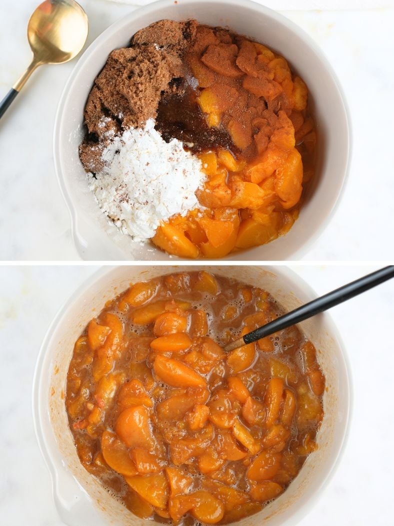 A split image, the top with the pie filling ingredients in a bowl, the bottom showing it mixed together