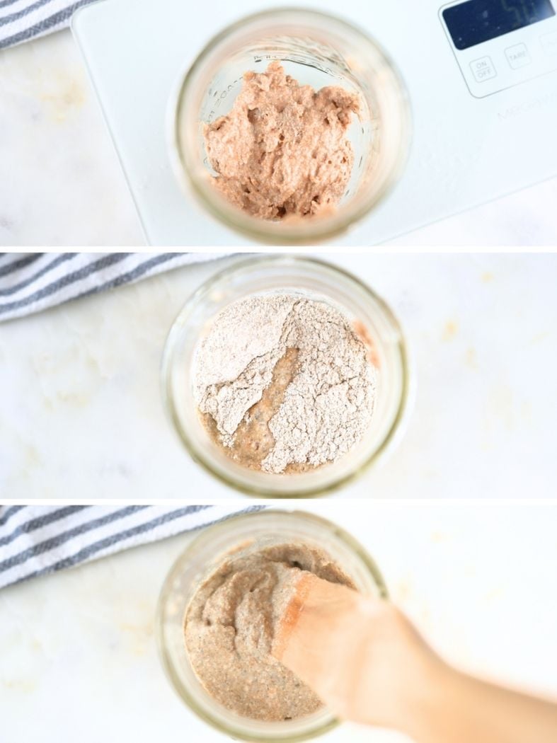 A split image, showing three steps to making a fresh milled sourdough starter: discard, feeding, and stirring